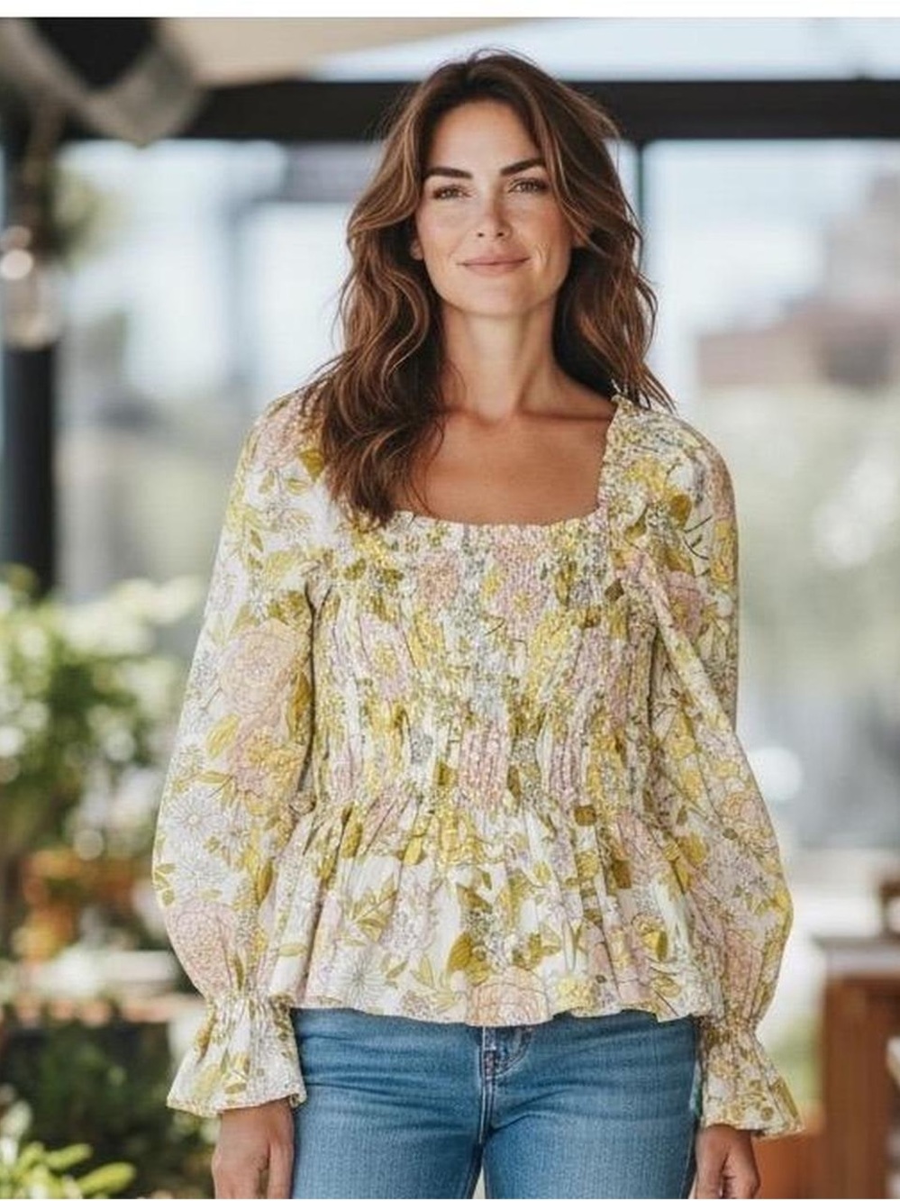 🌼WHO WHAT WEAR🌼 Floral Smocked Square-Neck Peasant Blouse